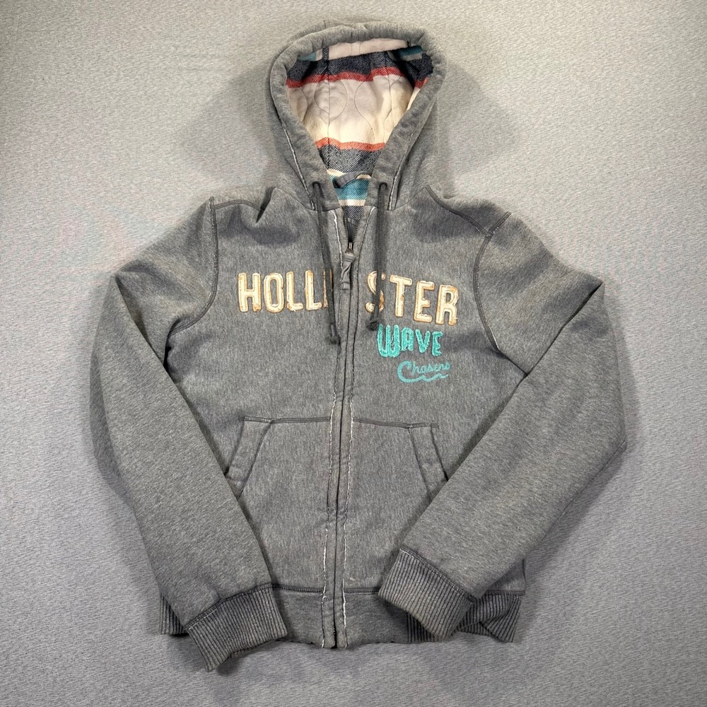 Y2K Hollister Shaws Cove Hoodie Adult M Grey Quilted Flannel Lined Zip Up Heavy